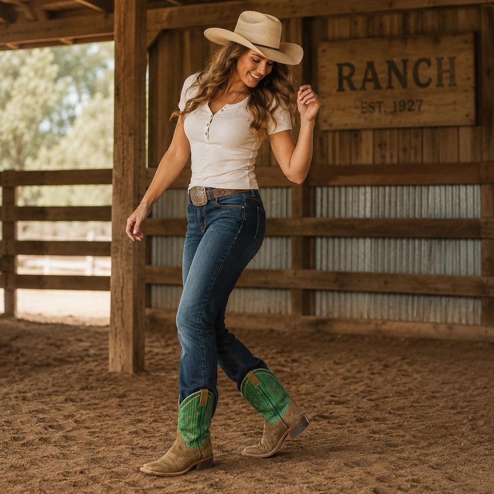 Justin Western Cowboy Boots Distressed Tan Green Square Toe Women's 7.5B